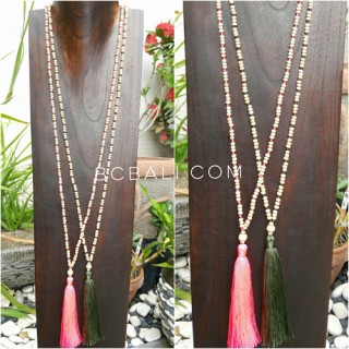 wood beige bead tassels necklace 4color ethnic balinese design